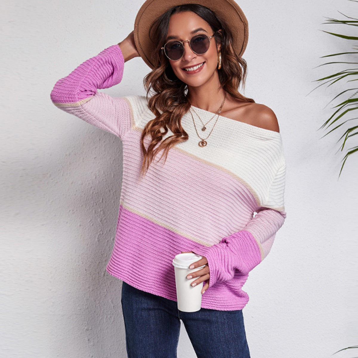 Women's Off-Shoulder Knit Sweater with Modern Color Block Design Ivyshape