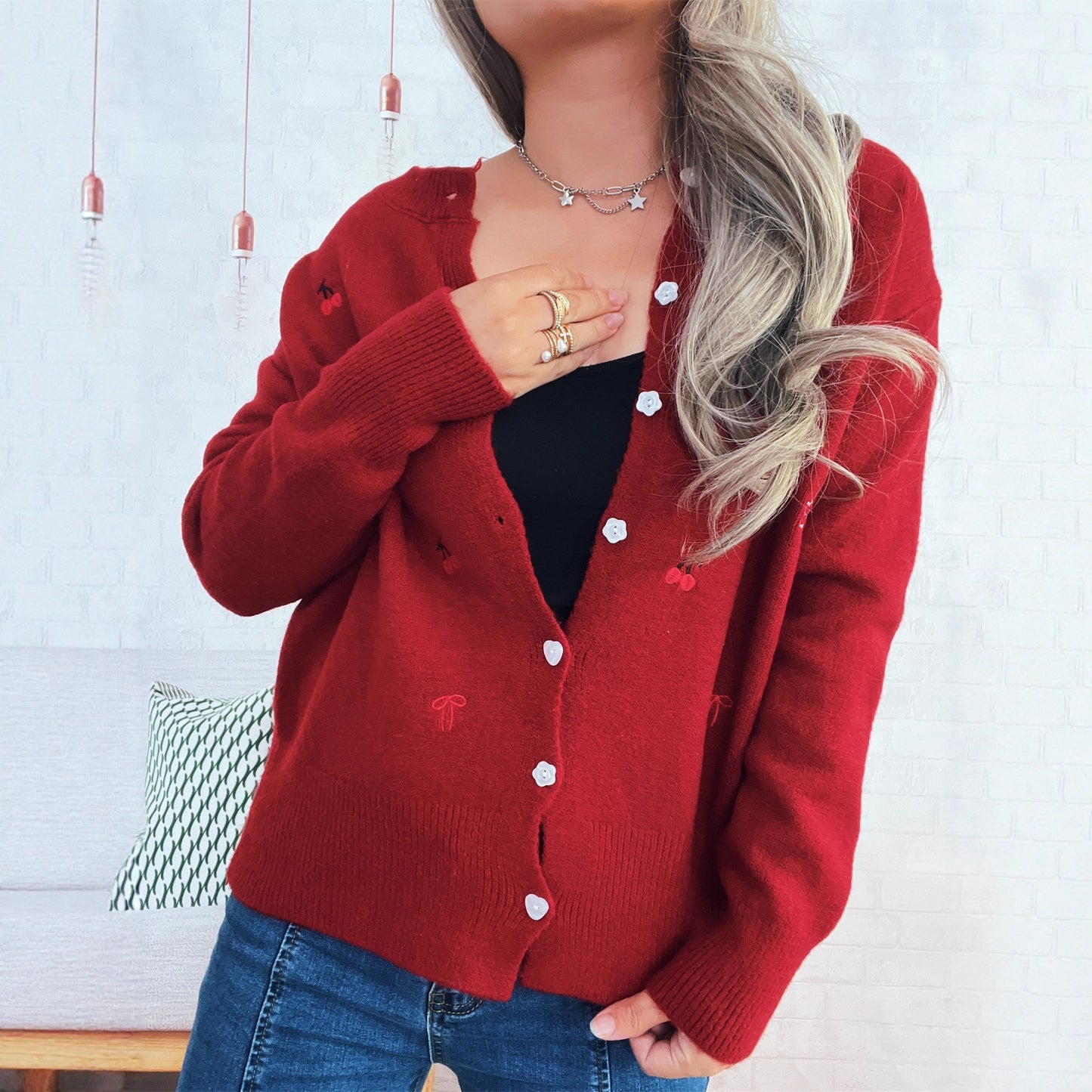 Women's cardigan with loving flower and cherry design Ivyshape