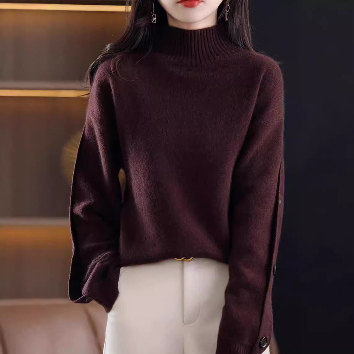 Women Elegant Turtleneck Sweater with Button Details and Soft Material Ivyshape