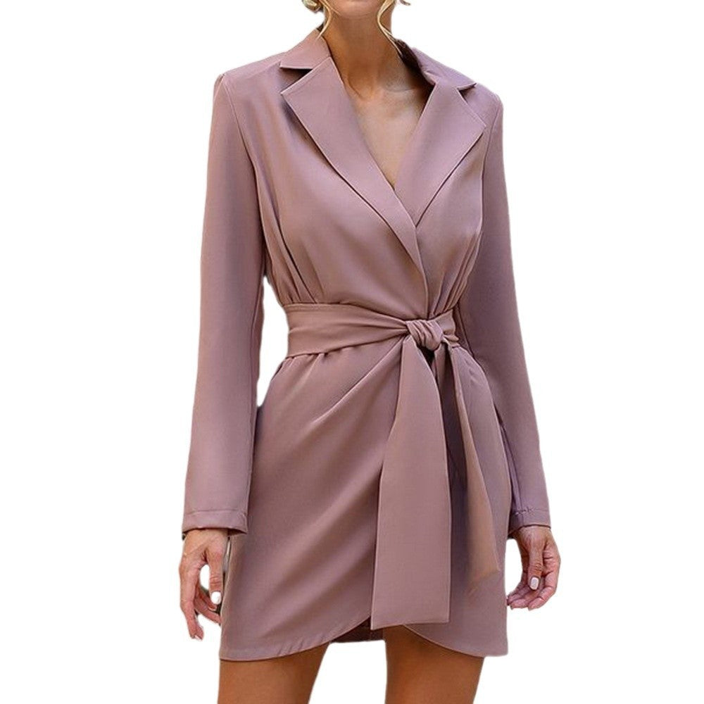 IvyShape | Lapel Waist Design Suit Dress with Tie