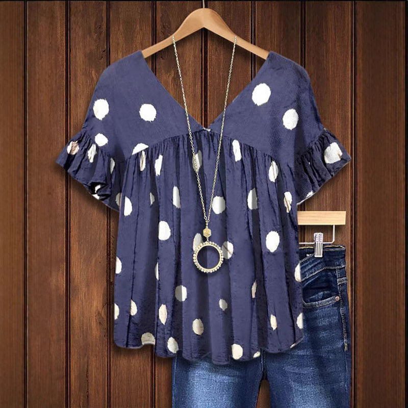 Women flowing polka dot shirt with V-neck and ruffle details Ivyshape