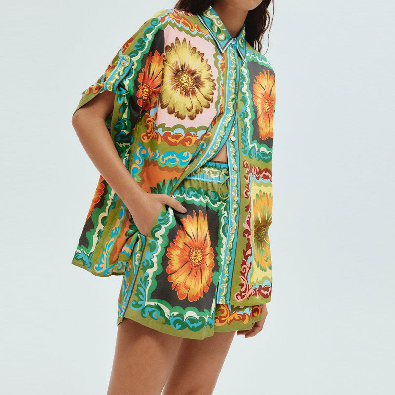 IvyShape | Printed Lapel Shirt and Shorts Fashion Set