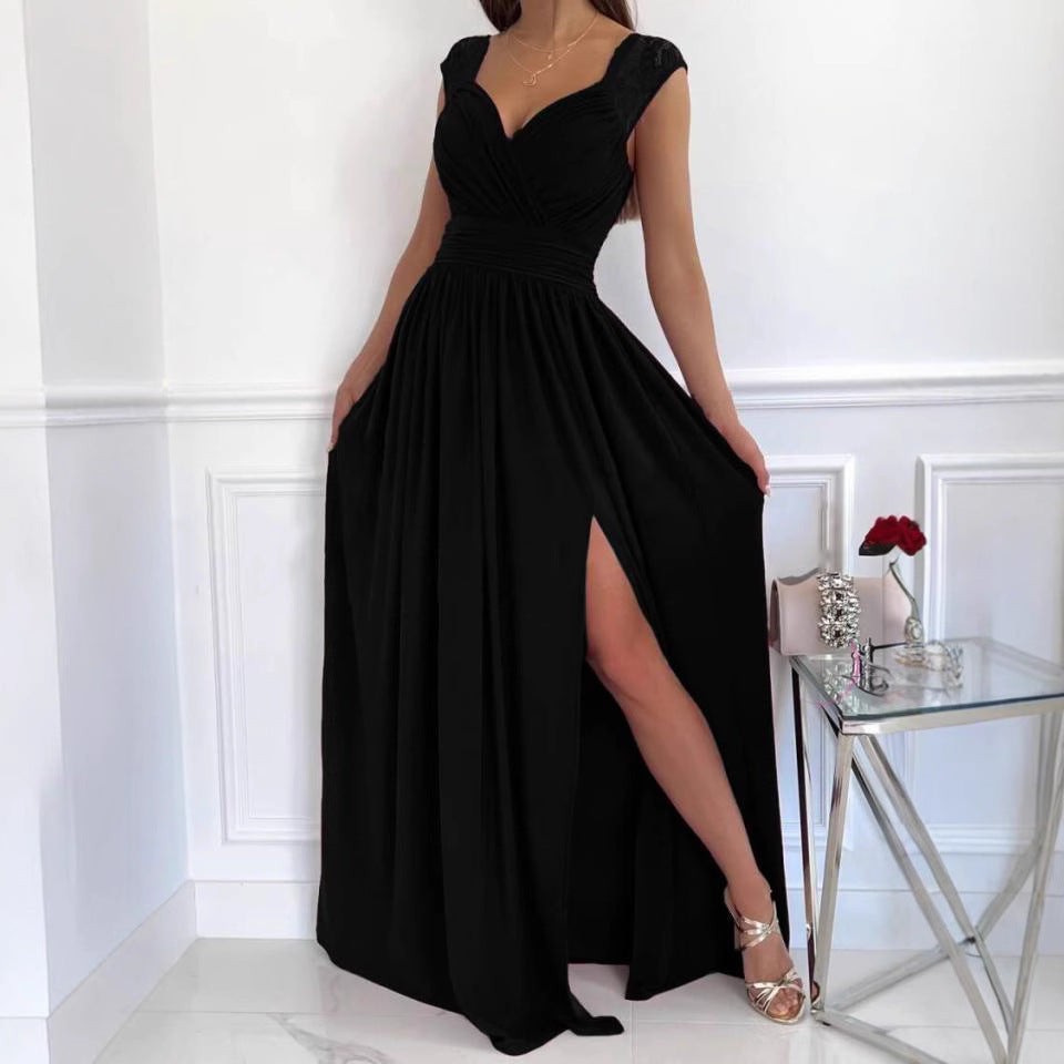 Ladies elegant evening dress with lace sleeves and high slit Ivyshape