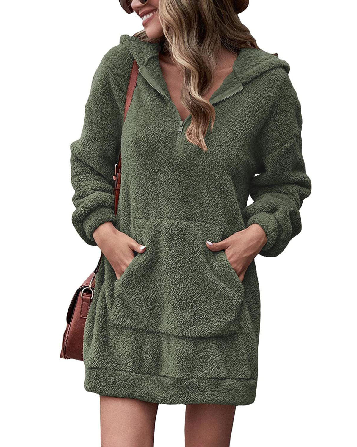 Women's fleece hooded dress with pockets and zipper Ivyshape