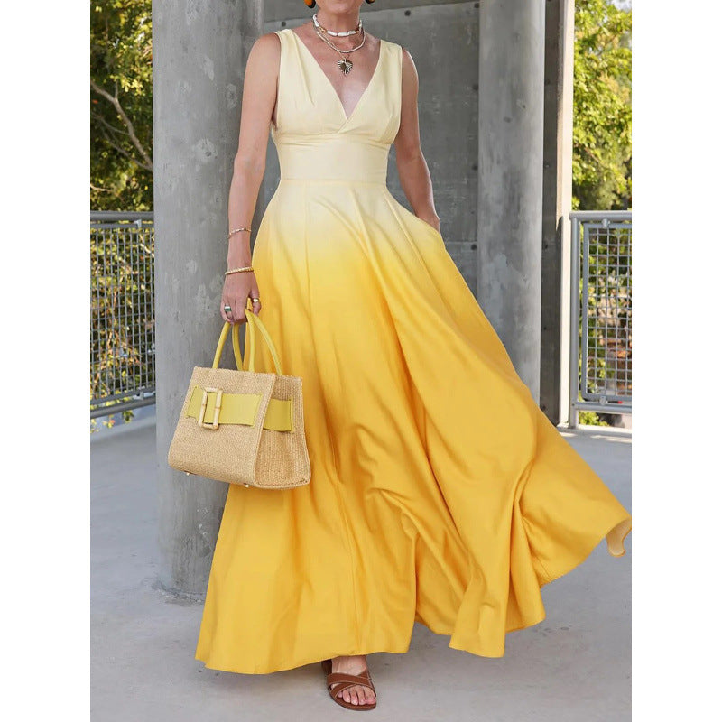 Women Elegant V-Neck Gradient Maxi Dress Ivyshape