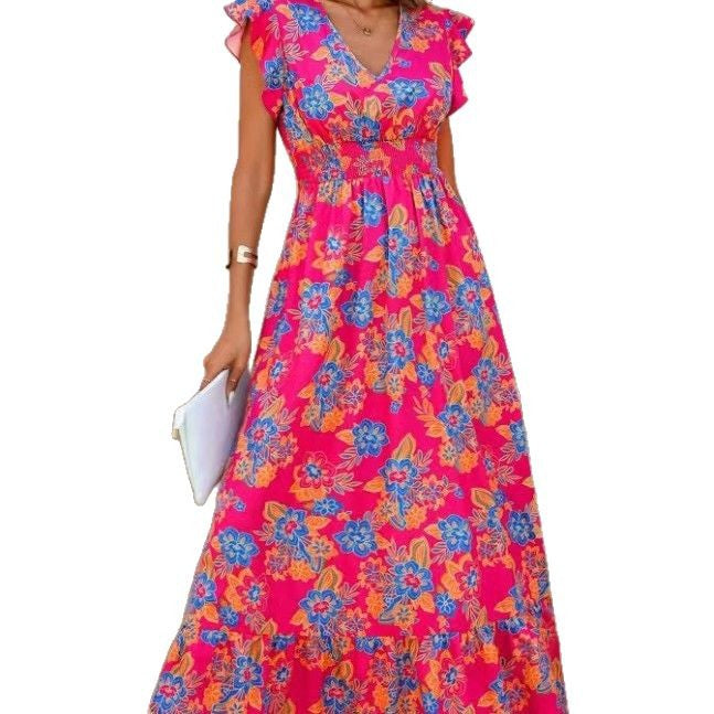 Ladies Summer Floral Maxi Dress with Ruffle Sleeves and Elastic Waistband Ivyshape