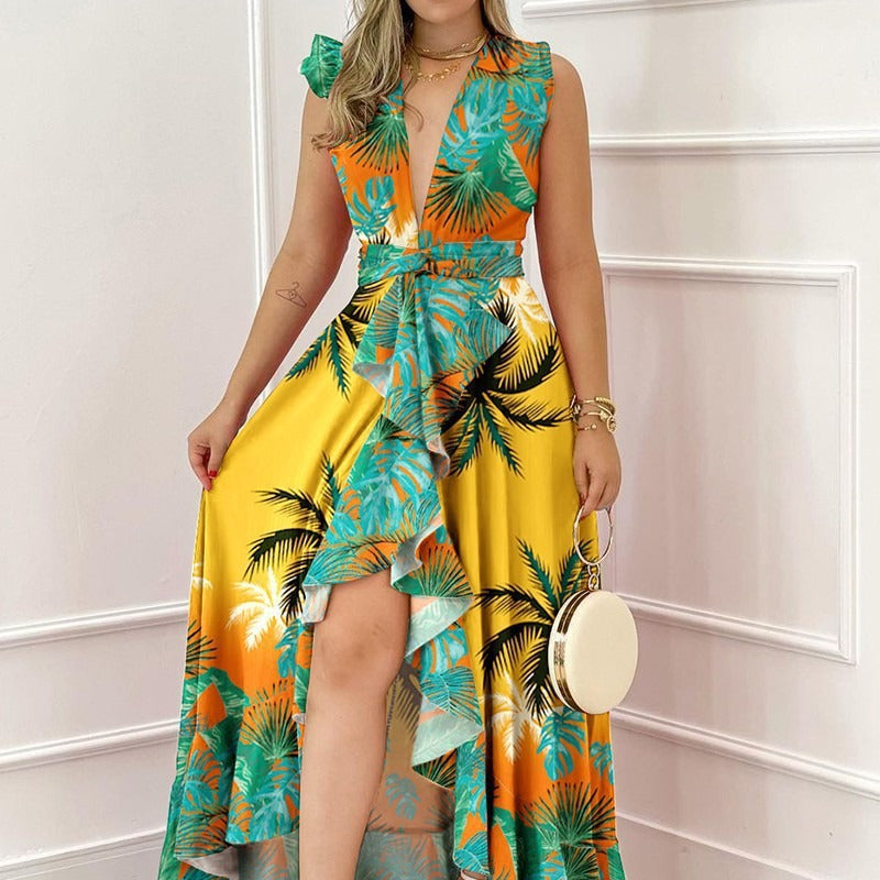 IvyShape | High-Waisted Coconut Tree Print Dress