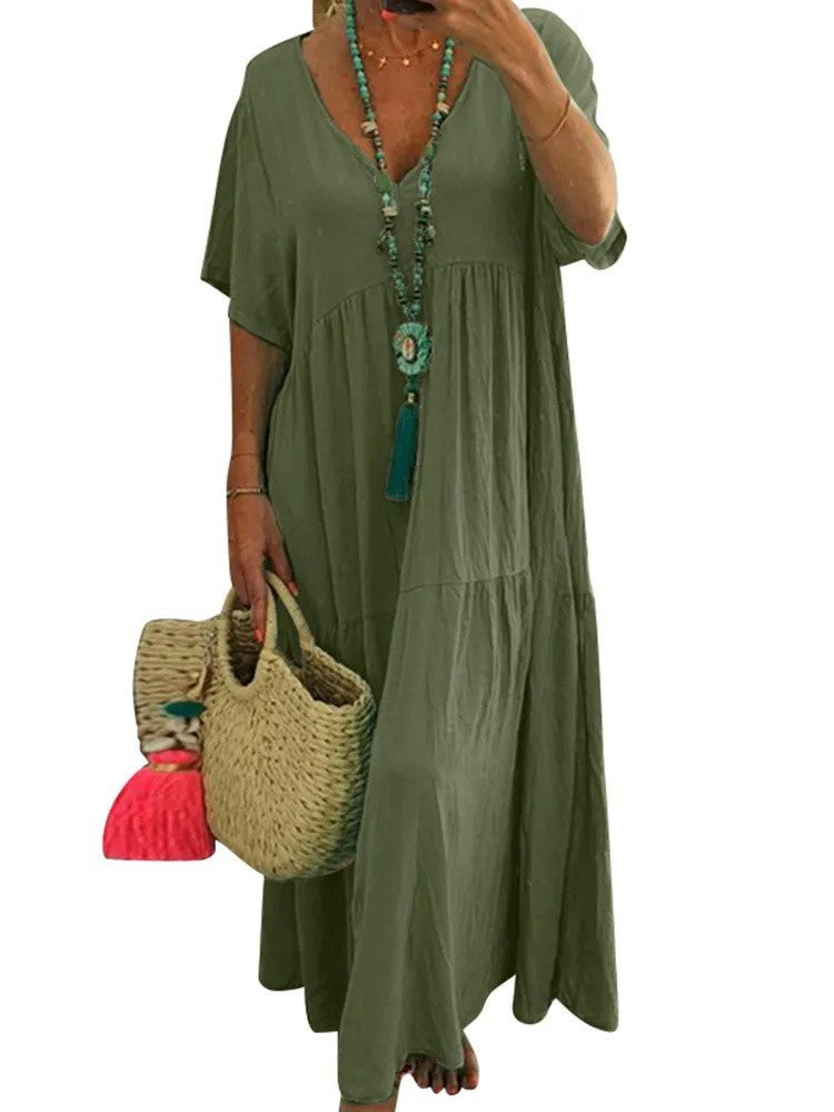 Women's airy boho maxi dress with flouncy hem and deep V-neck Ivyshape