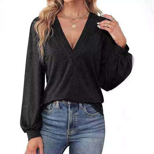 Women Elegant V-Neck Top with Puff Sleeves Ivyshape