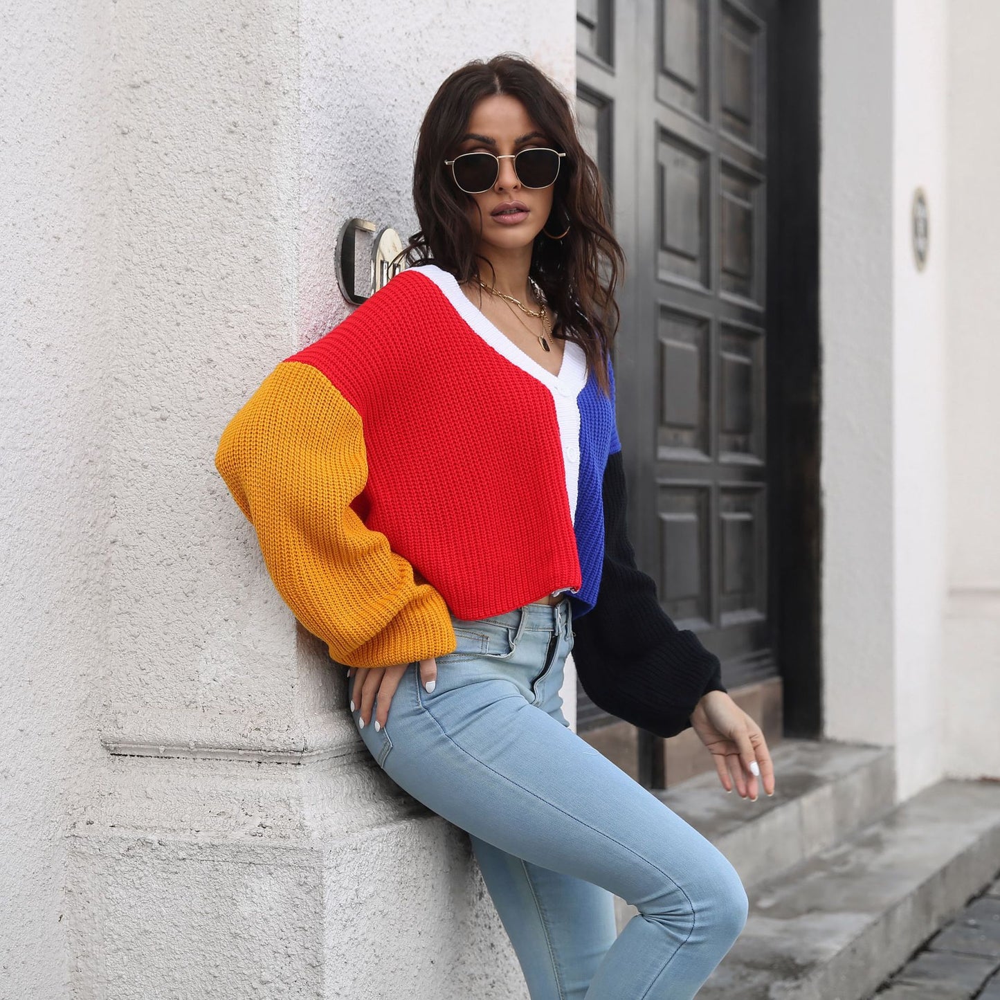 Women's Large Knitted Sweater with Color Block Design Ivyshape