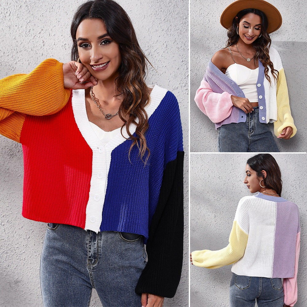 Women's Modern Knitted Cardigan with Colorful Block Stripes and V-Neck Ivyshape