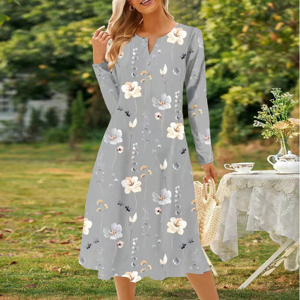 IvyShape | Printed V-Neck Button Long Sleeve Dress