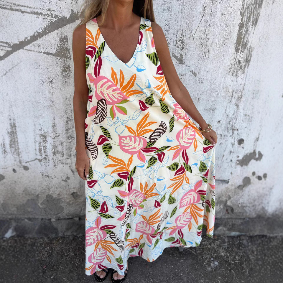 Women's summer maxi dress with colorful tropical pattern Ivyshape