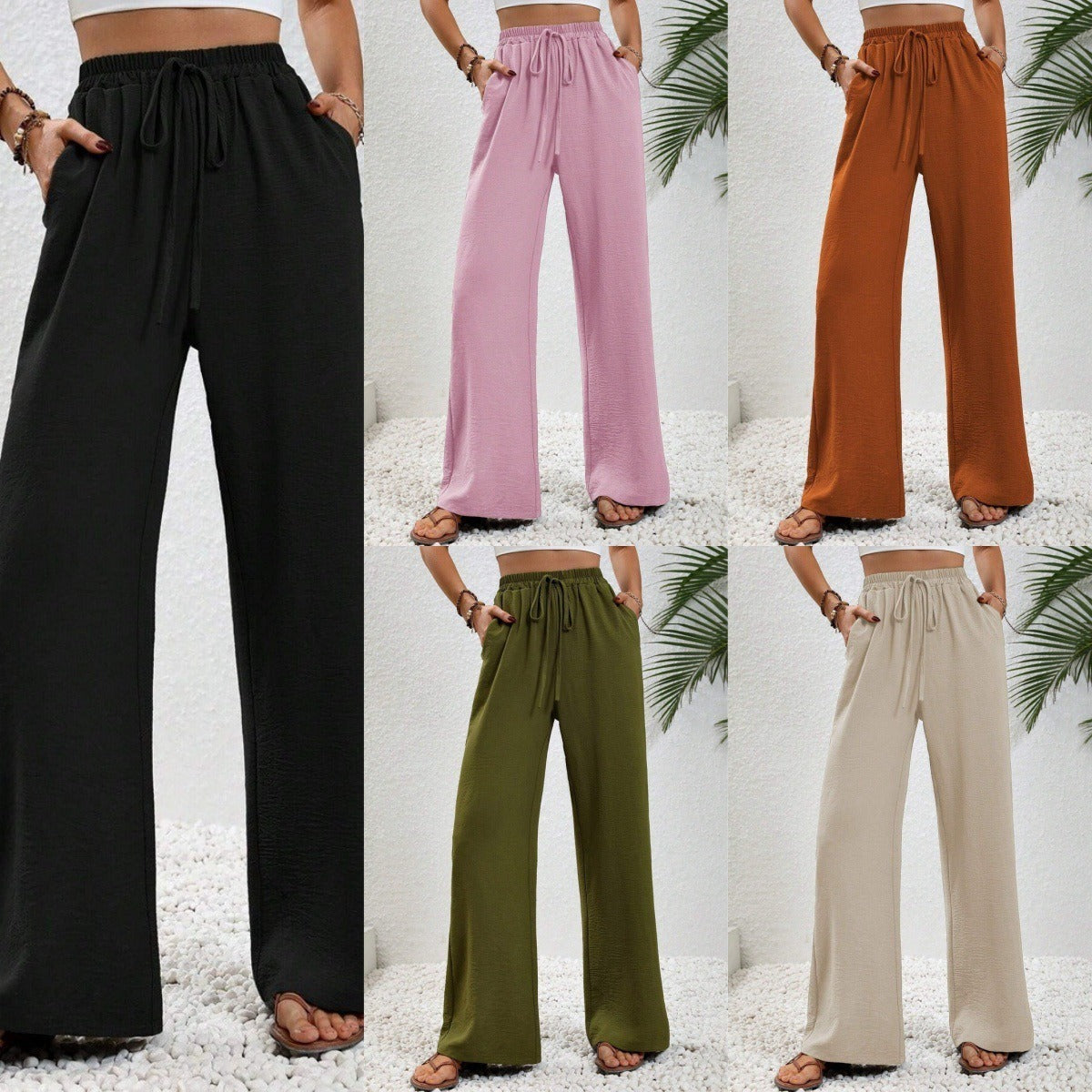 Women's Relaxed Palazzo Pants with Elastic Waistband and Side Pockets Ivyshape