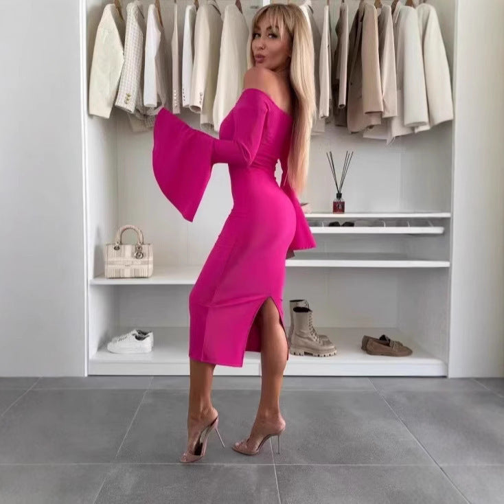 Ladies Elegant Long Sleeve Dress with Wide Sleeves and Slit Ivyshape