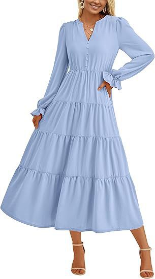 Women's maxi dress with button-decorated front and voluminous sleeves Ivyshape
