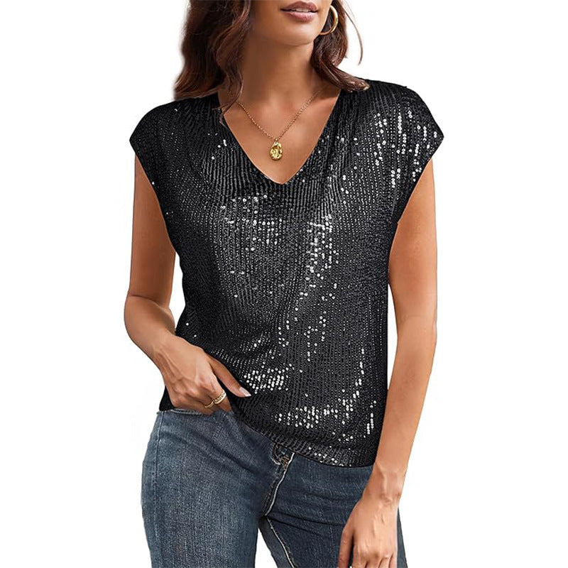 IvyShape | V-Neck Sequined Short Sleeve Shiny Party Vest