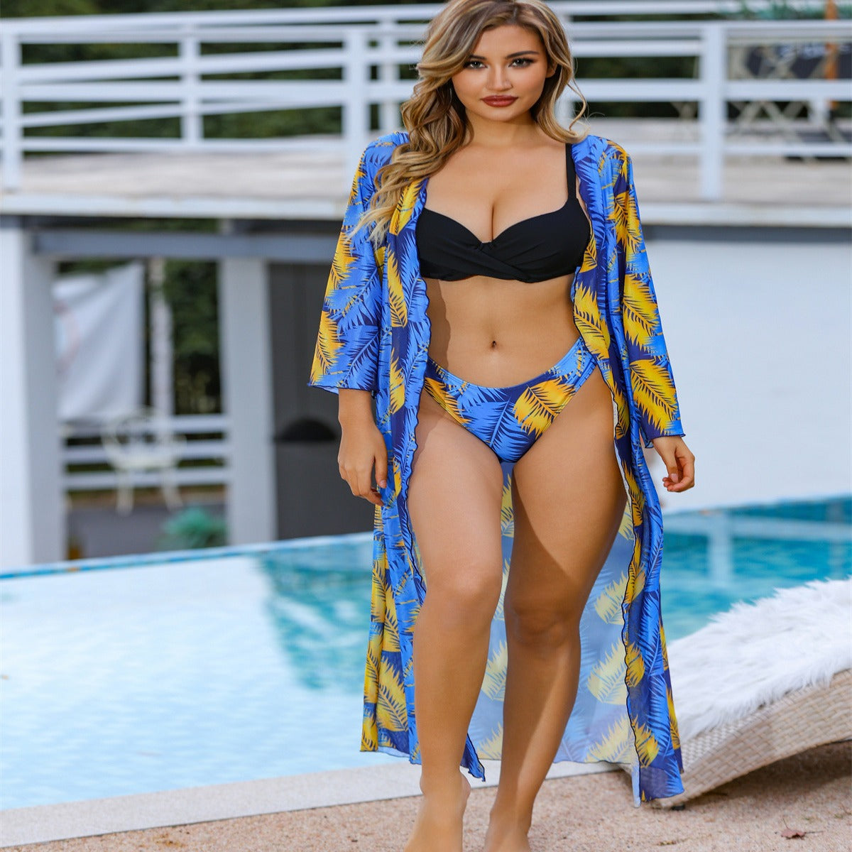 Women’s beach dress with contrasting bikini set and tropical pattern Ivyshape