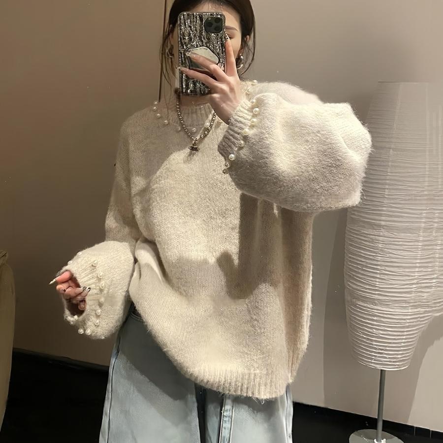 Women Elegant Sweater with Pearl Design and Casual Cut Ivyshape