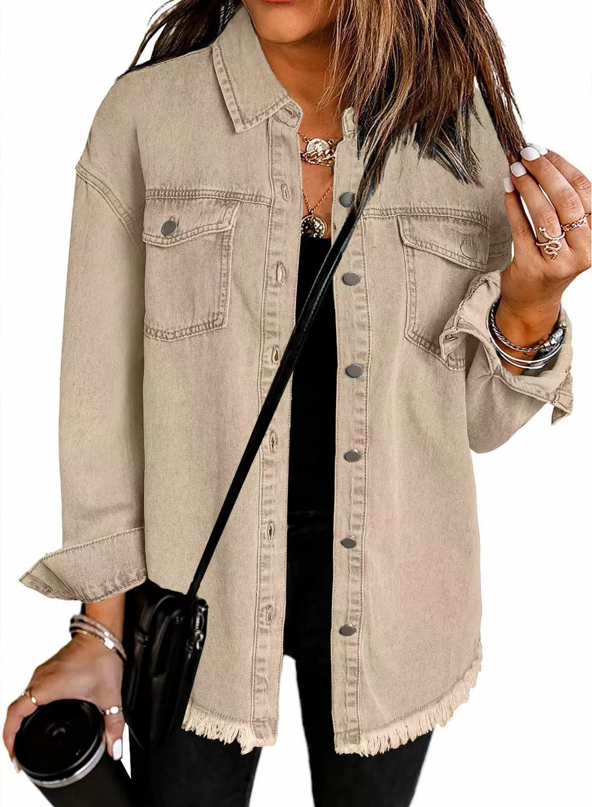 Women's Casual Denim Shirt with Frayed Hem and Practical Chest Pockets Ivyshape