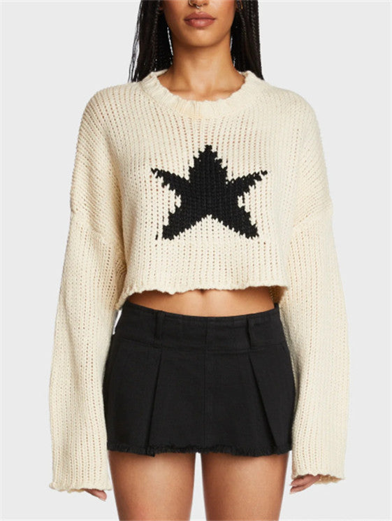 IvyShape | Five-Star Pattern Crop Knitted Sweater