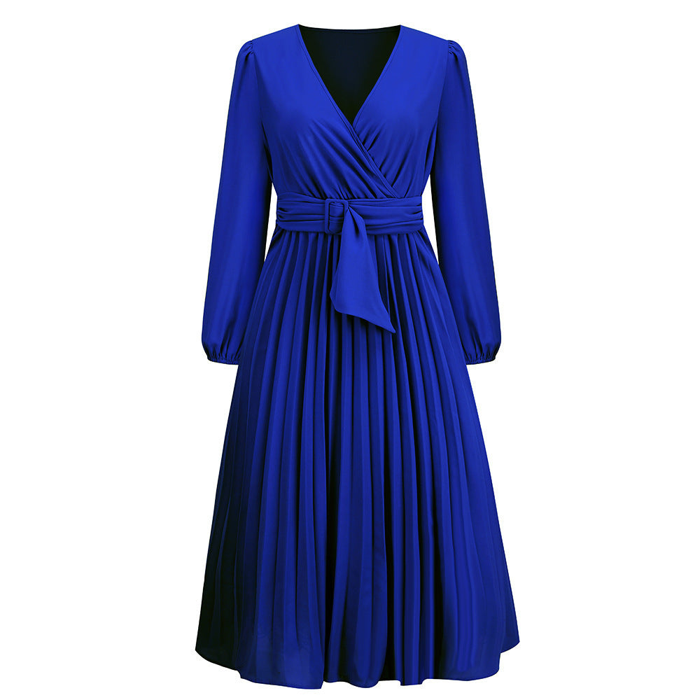 Women elegant wrap dress with pleated details and waist belt Ivyshape