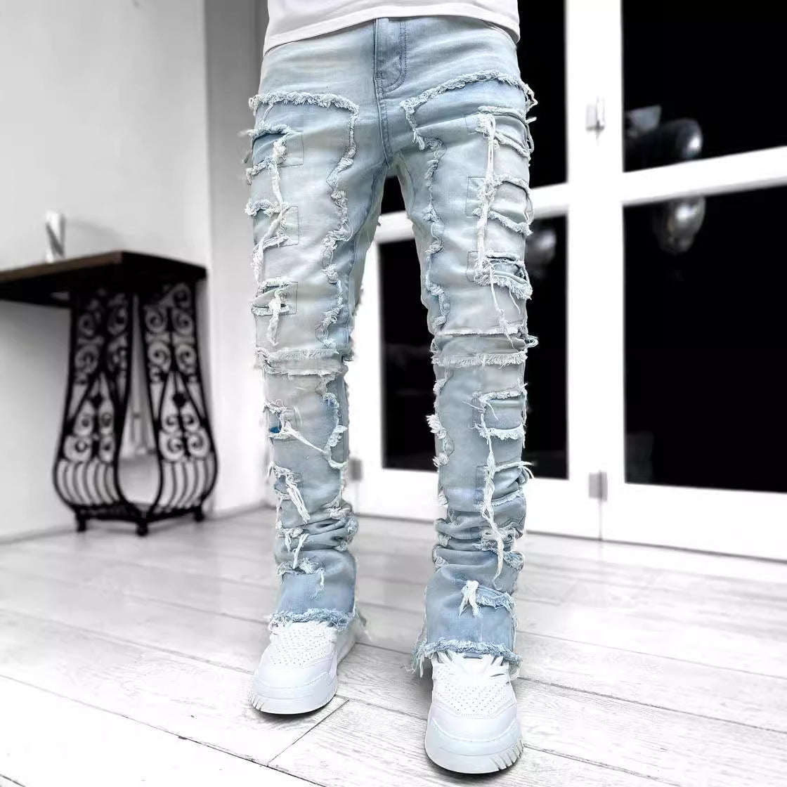 Men's stylish ripped denim pants in casual street style Ivyshape