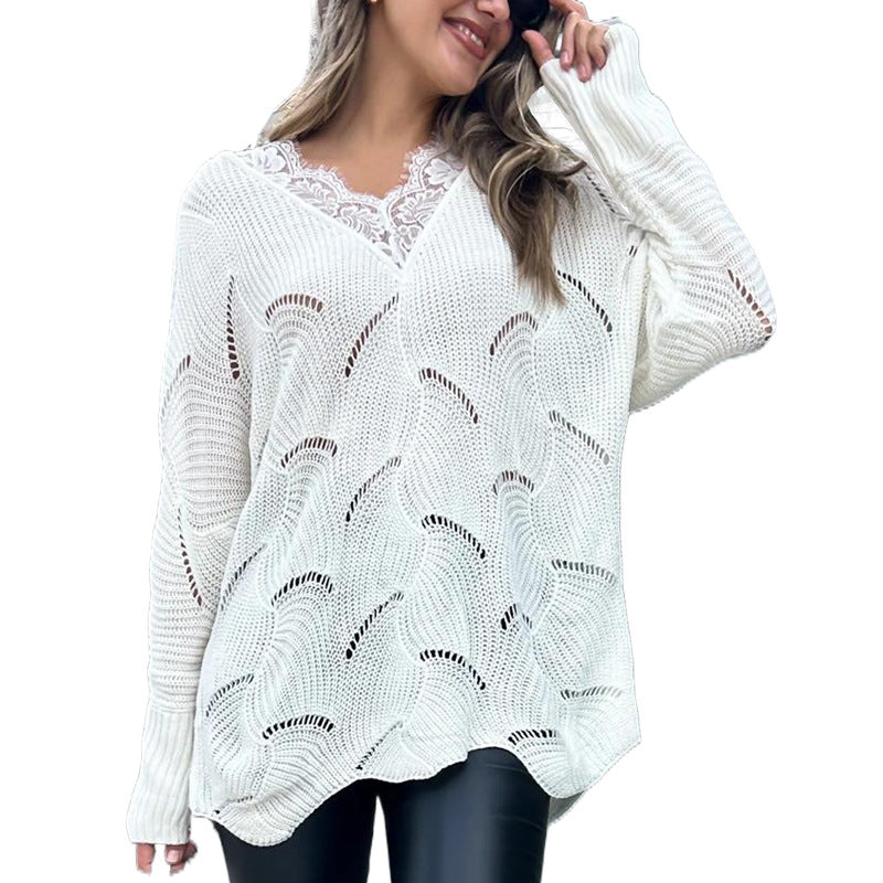 Ivyshape | Mid-Length White Sweater with Lace Stitching