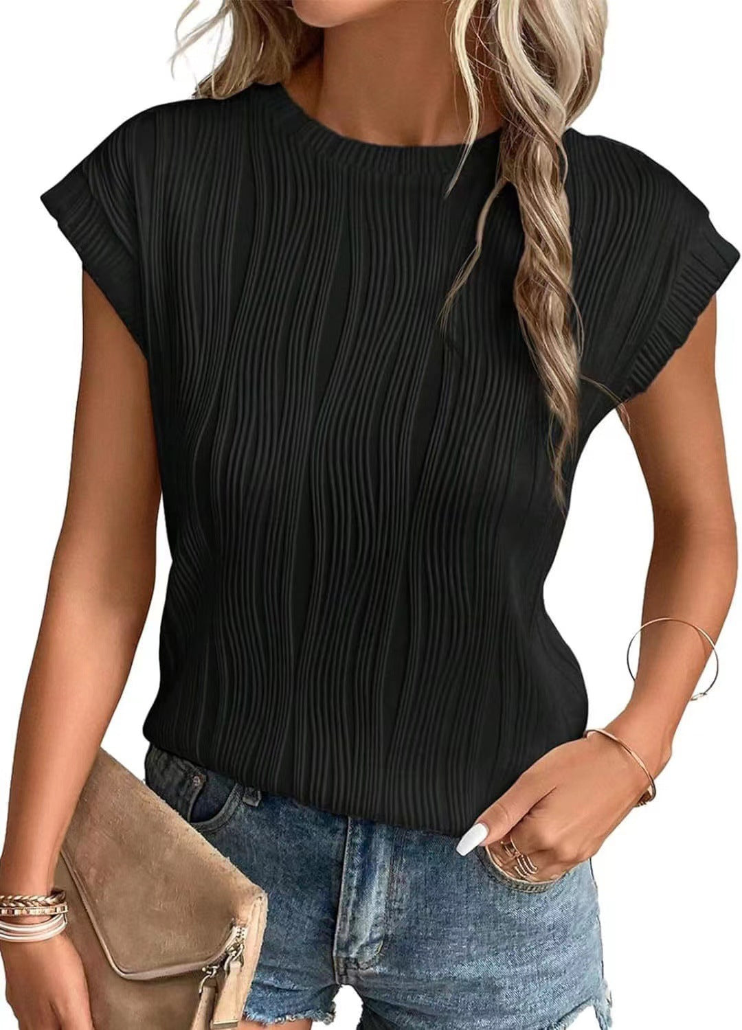 Women Structured Short Sleeve Blouse with Elegant Wave Look Ivyshape