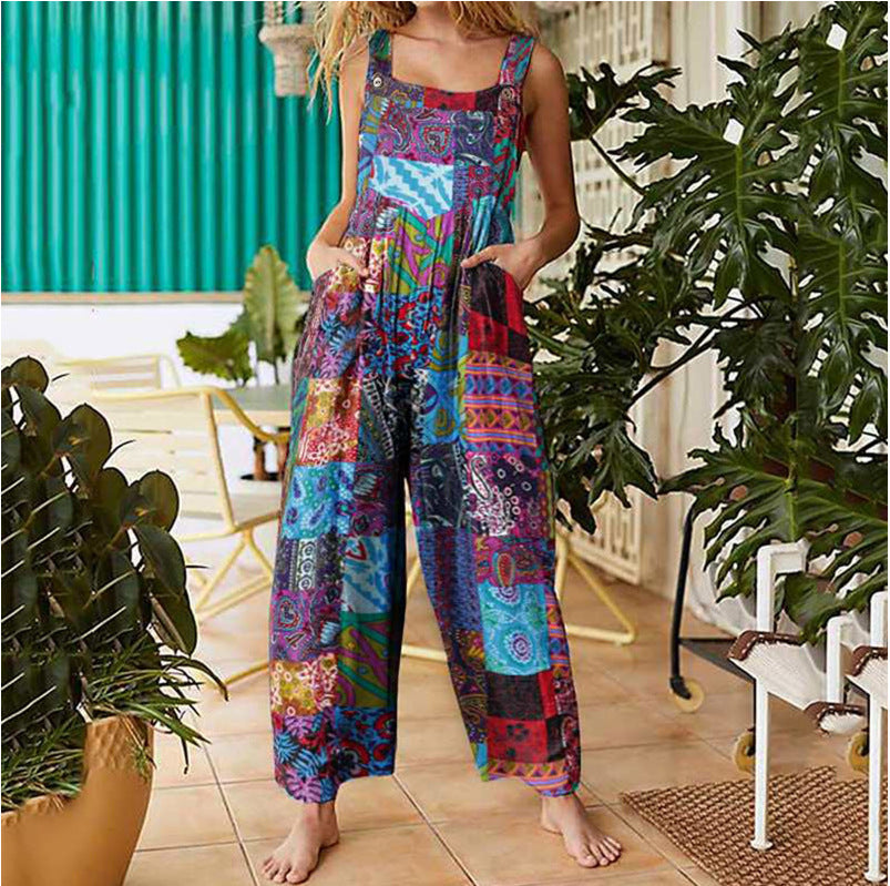 loose print side pocket strap jumpsuit