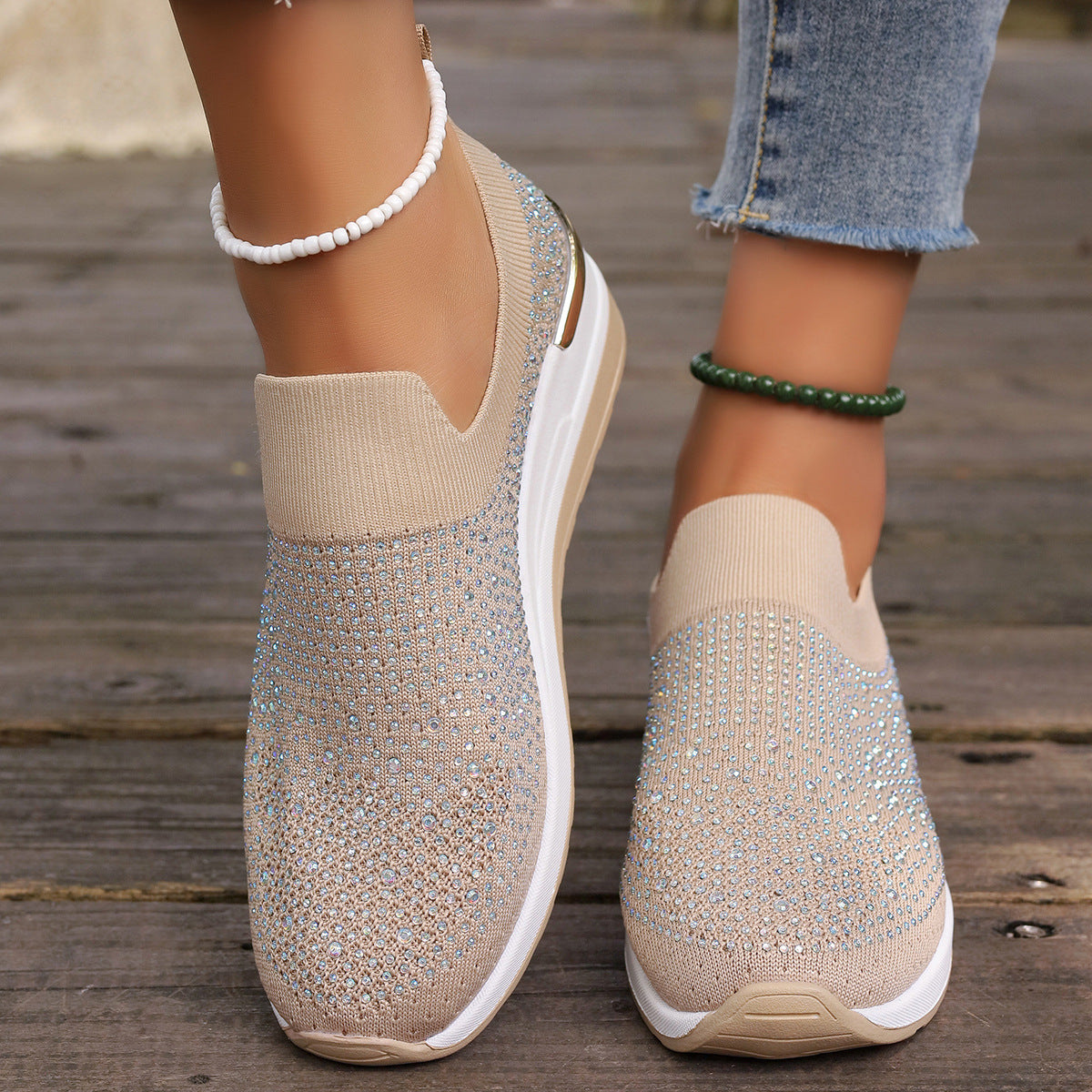 Women Elegant Slip-On Sneakers with rhinestone-embellished details and non-slip sole Ivyshape