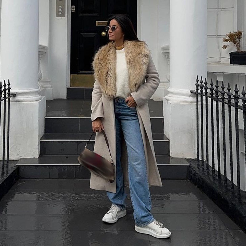 Women Elegant Trench Coat with Cozy Faux Fur Collar and Adjustable Belt Ivyshape