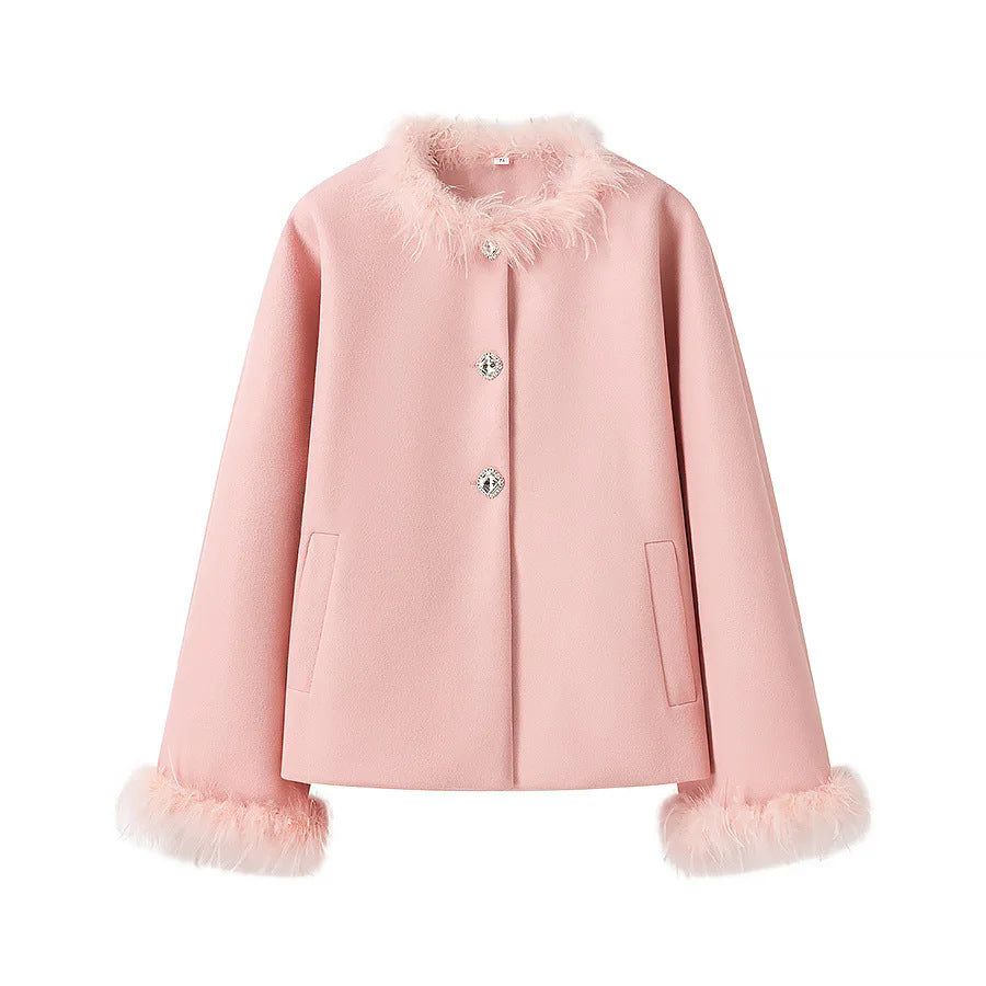 Women elegant wool jacket with fluffy collar and practical pockets Ivyshape
