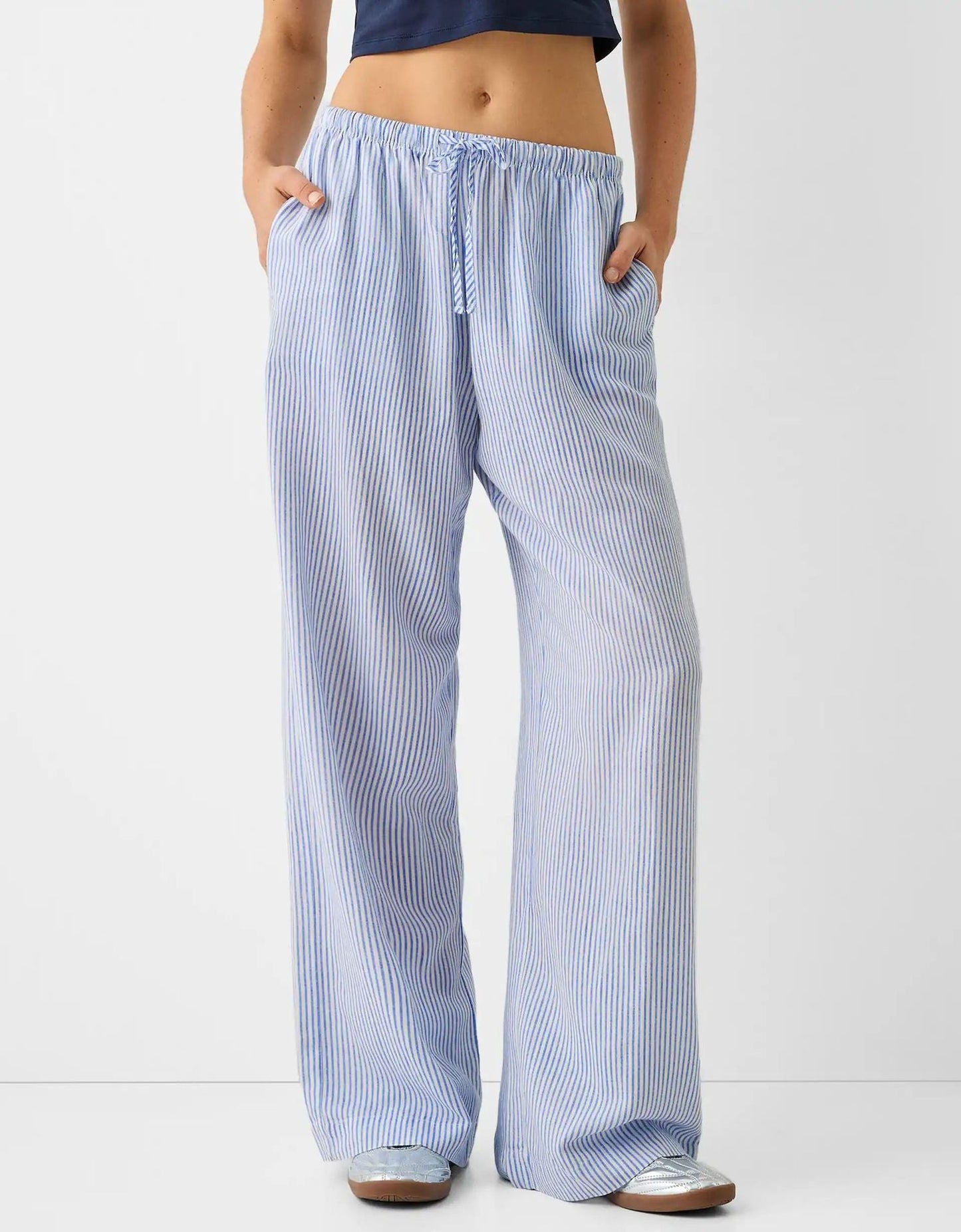 Ivyshape | Pinstripe Casual Loose Trousers with Elastic Waist for Women