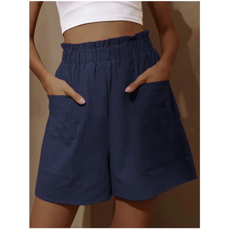 Women's casual linen shorts with elastic waist drawstring and practical side pockets Ivyshape