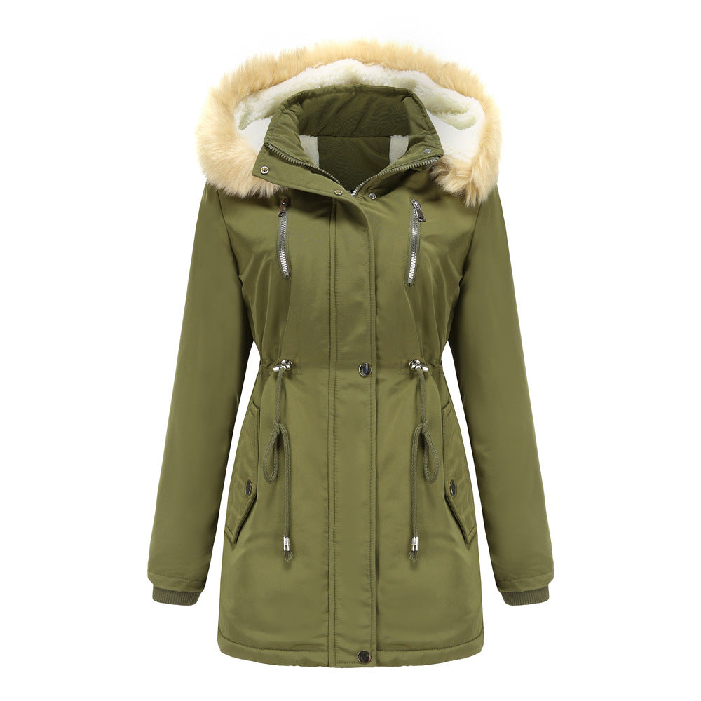 Women's fashionable outdoor jacket with removable faux fur collar and elastic waist drawstring Ivyshape