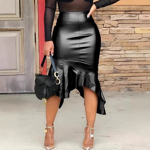 Women Faux Leather Midi Skirt with Asymmetric Hem and Elegant Ruffles Ivyshape