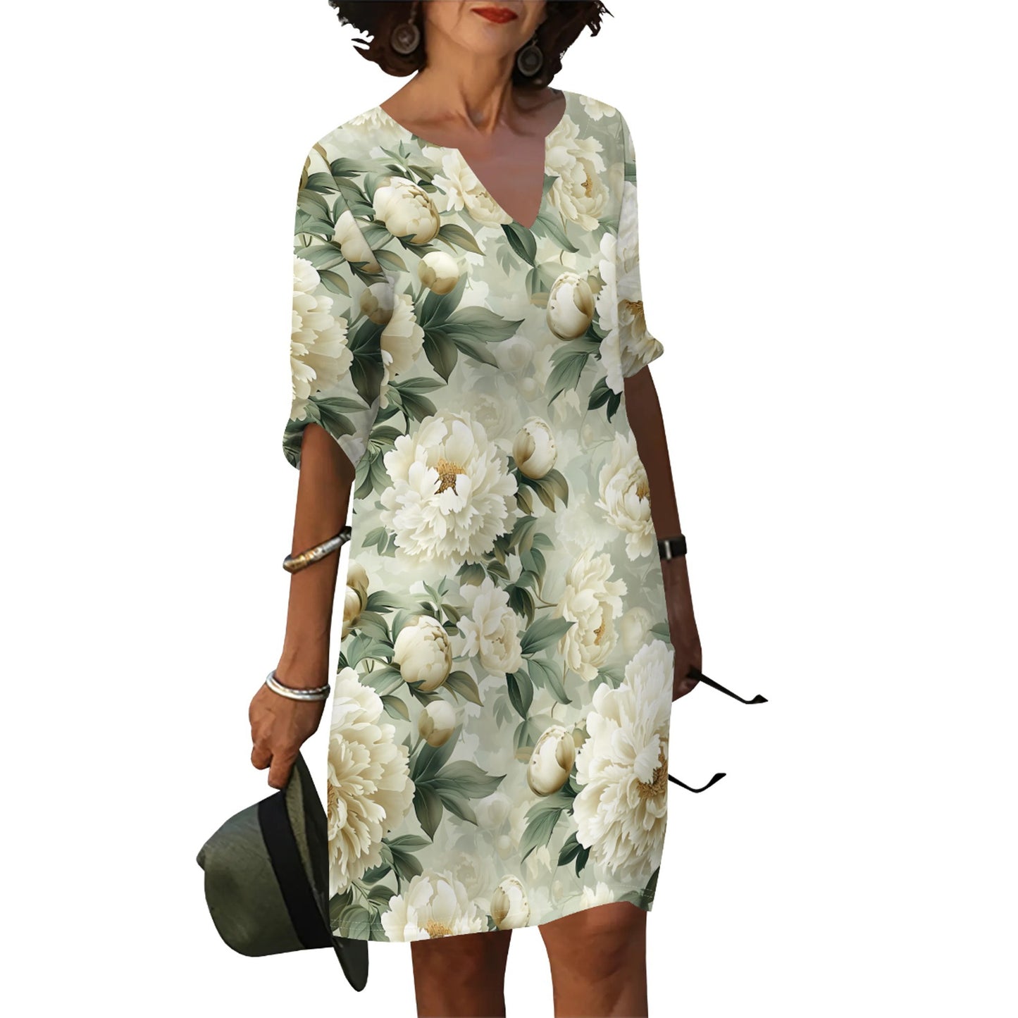 Ladies summer floral dress with V-neck and loose fit Ivyshape