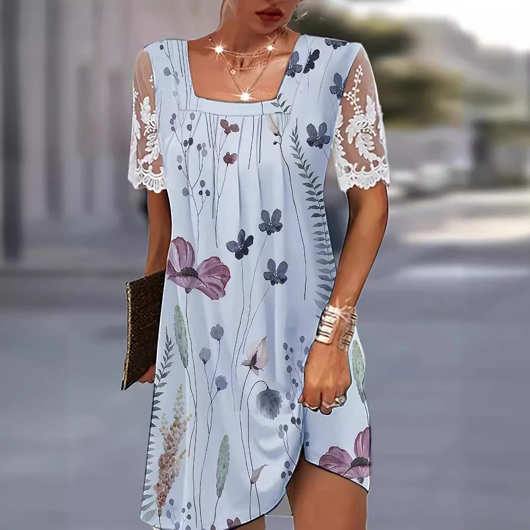 IvyShape | Casual Floral Short Sleeve Loose Mid Skirt Dress