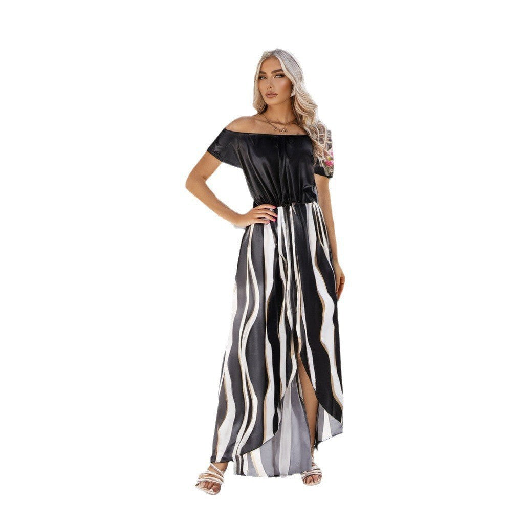 IvyShape | Zebra Pattern Off-Shoulder Waist-Collecting Shorts Dress