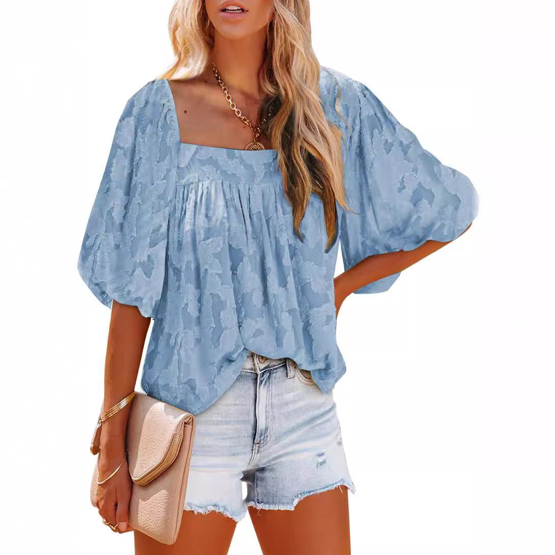 Women's Oversized Blouse Shirt with Balloon Sleeves and Subtle Pattern Ivyshape