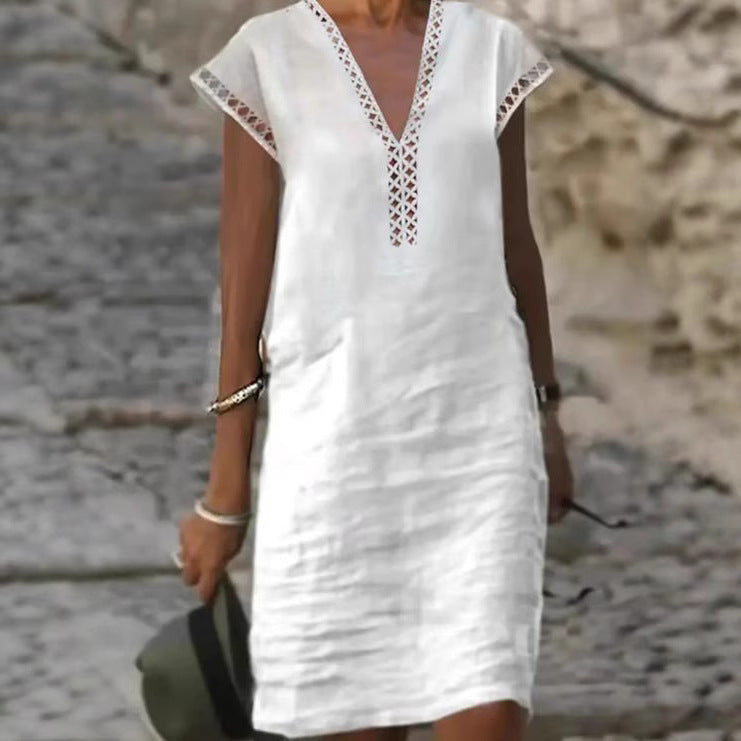 Women's Lightweight Linen Dress with V-Neck and Subtle Cut-Out Accents Ivyshape