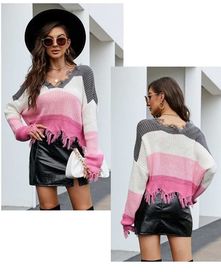 IvyShape | V-neck fringe sweater