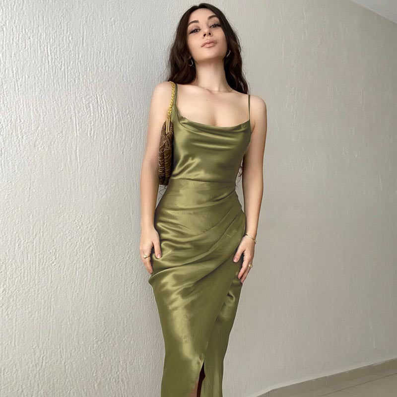 Women's elegant satin dress with asymmetric slit and draped details Ivyshape