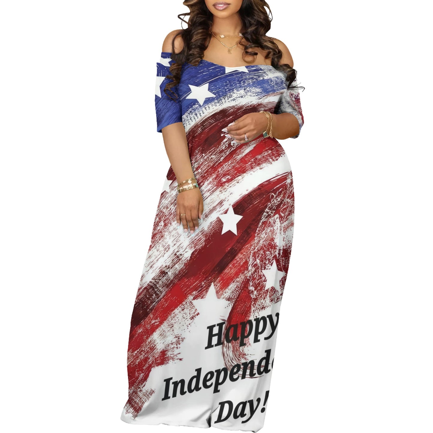 Women's Off-Shoulder Maxi Dress in Creative Graphic Design and Comfortable Fit Ivyshape