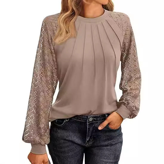 Women Elegant Top with Decorative Lace Sleeves and Gathered Detail Ivyshape