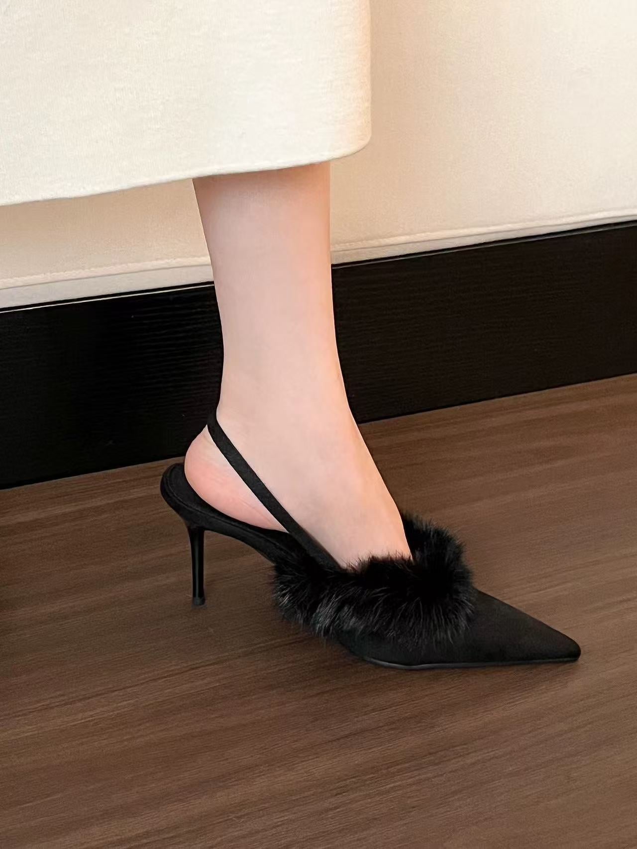 Women’s slingback pumps with luxurious fur trim and elegant pointed design Ivyshape
