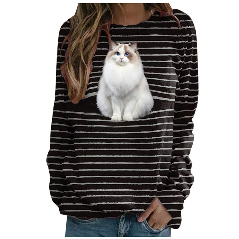 IvyShape | Playful Cat Print Striped Women's T-Shirt