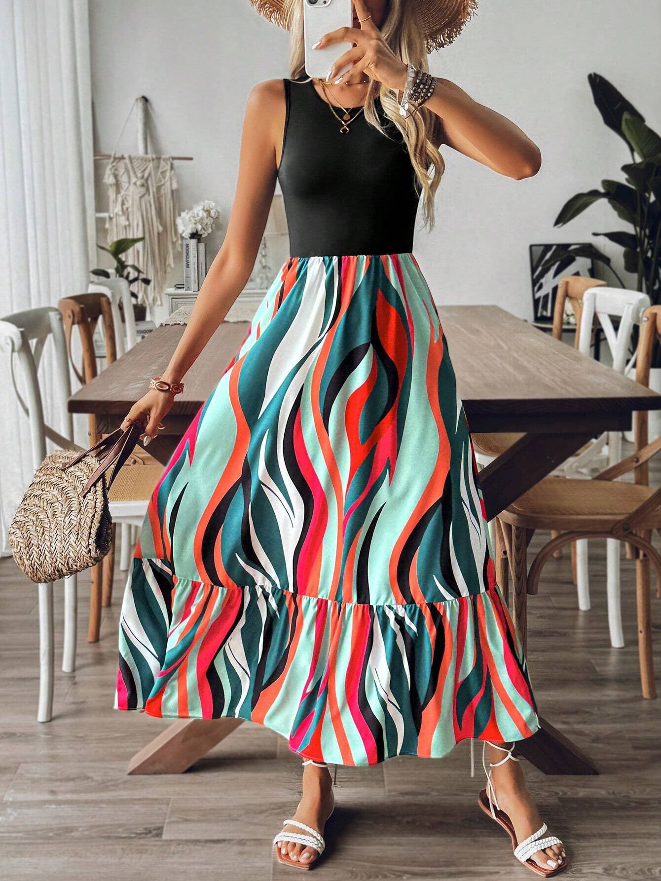 IvyShape | Printed Wave Edge Round Neck Sleeveless Dress