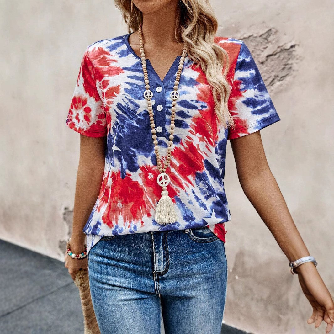 Women’s Short Sleeve T-Shirt with Buttoned Neckline and Playful Tie-Dye Design Ivyshape